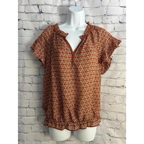 Max Studio Women’s M Short Sleeve Geometric Elastic Waist Top Red, Orange - Picture 1 of 6